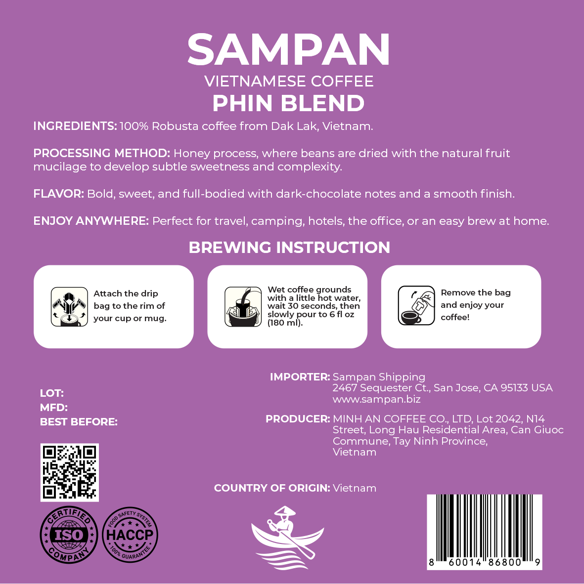 Sampan Phin Blend Drip Bag Coffee 100g (10 pk x 10g)
