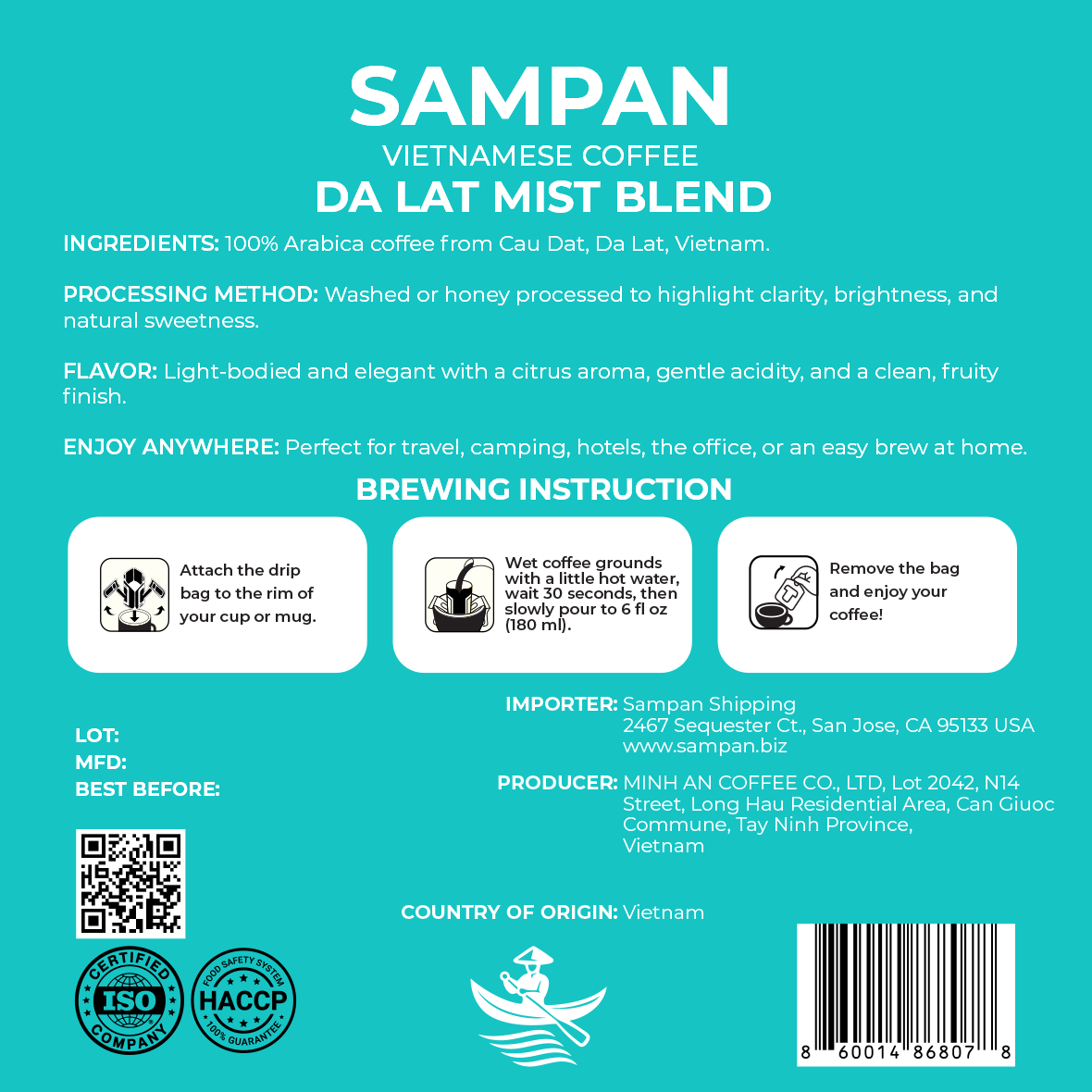 Sampan Da Lat Mist Drip Bag Coffee 100g (10 pk x 10g)