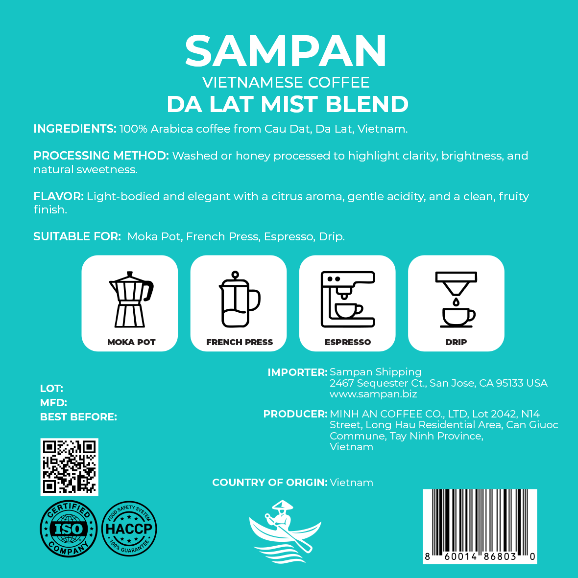 Sampan Da Lat Mist Wholebean Coffee 250g