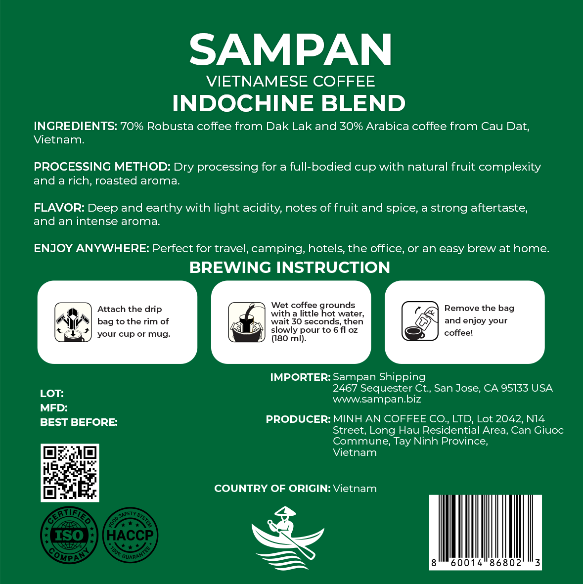 Sampan Indochine Blend Drip Bag Coffee 100g (10 pk x 10g)