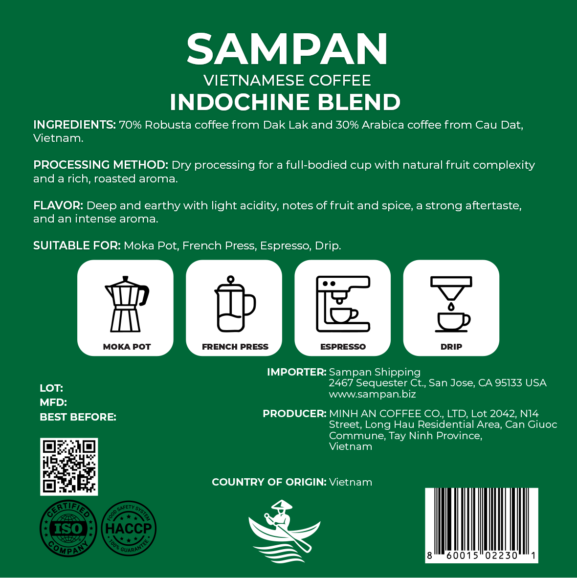 Sampan Indochine Blend Ground Coffee 250 g / 8.8 oz