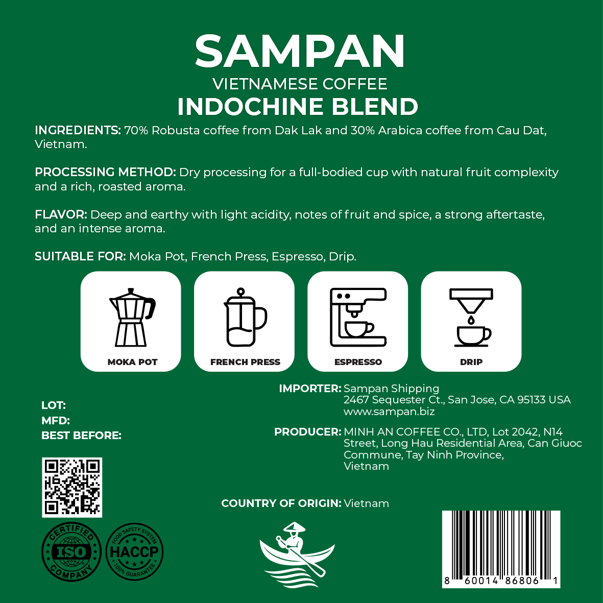 Sampan Indochine Blend Wholebean Coffee 250 g / 8.8 oz