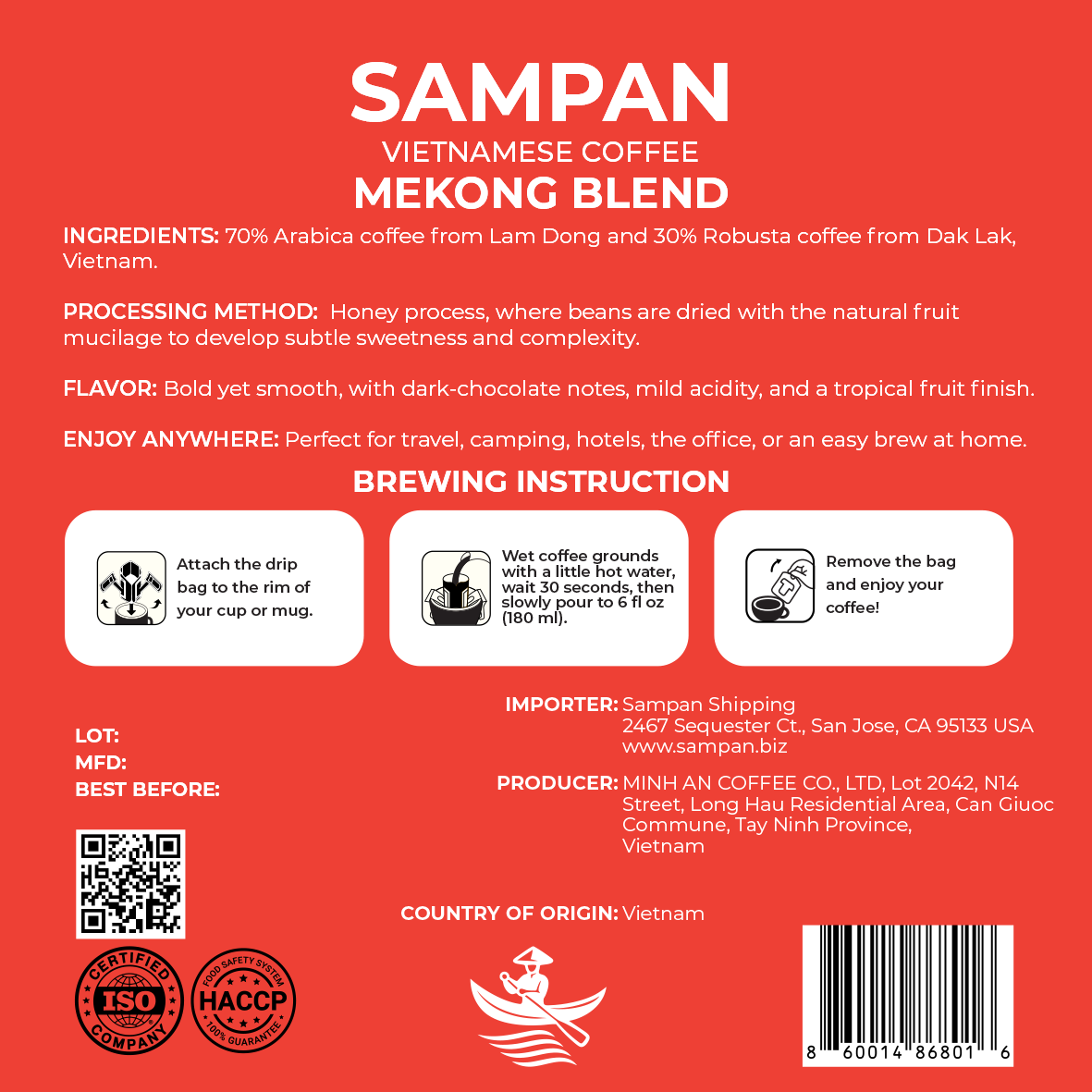 Sampan Mekong Blend Drip Bag Coffee 100g (10 pk x 10g)