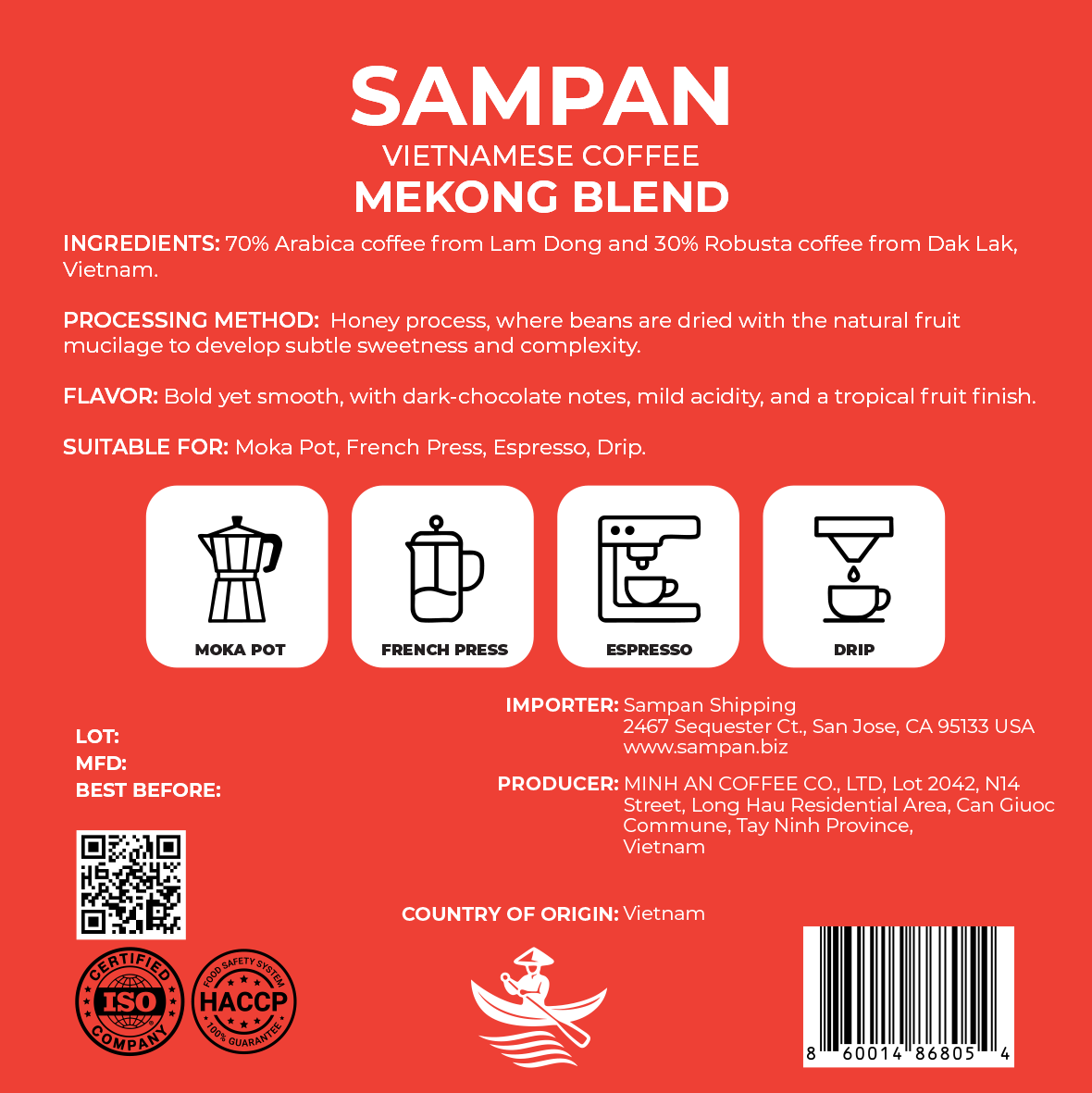 Sampan Mekong Blend Wholebean Coffee 250 g / 8.8 oz