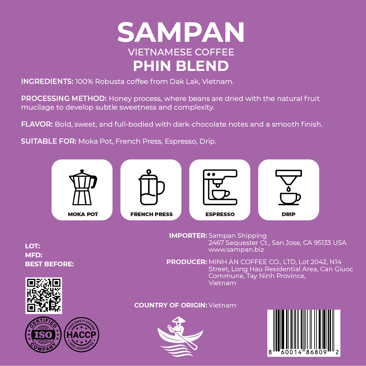 Sampan Phin Blend Ground Coffee 250 g / 8.8 oz