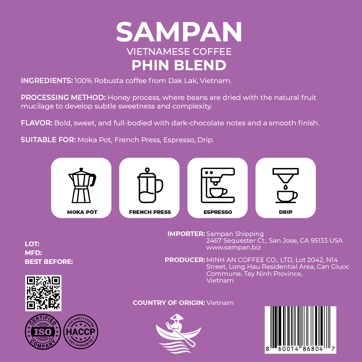 Sampan Phin Blend Wholebean Coffee 250 g / 8.8 oz
