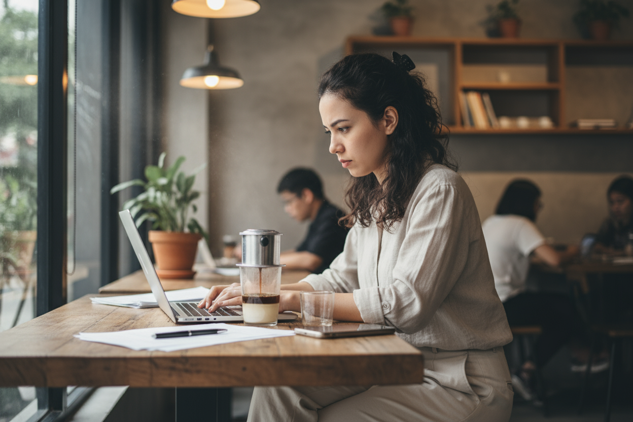 vietnamese young woman working in a coffee shop on her laptop with a phin coffee brewer next to her